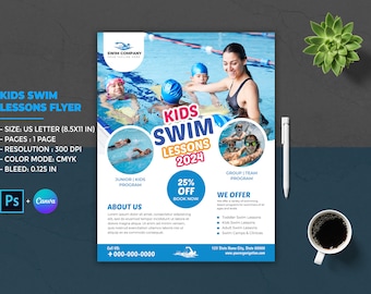 May include: A blue and white flyer advertising kids swim lessons. The flyer features a photo of children and an instructor in a swimming pool. The text on the flyer reads "Kids Swim Lessons 2024" and includes information about the program, pricing, and contact information.
