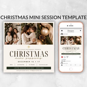 Peut inclure: Un modèle de mini-séance de Noël avec un collage de photos de famille et de décorations, incluant le texte CHRISTMAS mini sessions DECEMBER 16 + 17. Un smartphone affiche ce même modèle dans une interface de publication Instagram.