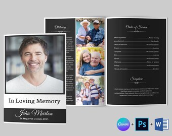 Modello bifold per programma funebre: necrologio commemorativo (Canva, Word, PSD)