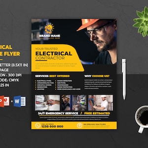 Ulotka o usługach elektrycznych | Ulotka dla wykonawcy usług elektrycznych | Szablon ulotki o kontraktach i usługach elektrycznych | Szablon Photoshop i MS Word