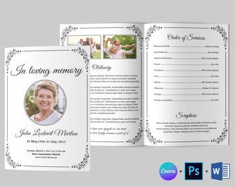 Funeral Program Bifold Template: Memorial Obituary (Canva, Word, Photoshop)