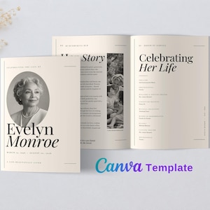 Pode incluir: Um modelo de programa funerário com capa cor de creme, um retrato circular a preto e branco de Evelyn Monroe, o texto Celebrating the Life of e uma página interior aberta intitulada Celebrating Her Life com detalhes do serviço.
