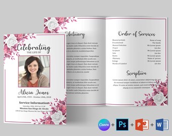 Szablon programu pogrzebowego Rose Floral: składany nekrolog do druku (Canva, Word, PSD)