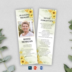 Modello di segnalibro funerale girasole / segnalibro commemorativo, ricordo funebre, bomboniere, carta commemorativa per la memoria, segnalibro stampabile