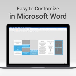 May include: A laptop screen displaying a Microsoft Word document with a tri-fold brochure template. The brochure has a blue and gray color scheme with placeholders for text and images. The text on the screen reads "Easy to Customize in Microsoft Word".