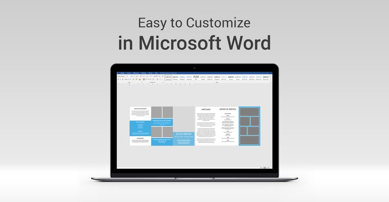 May include: A laptop screen displaying a Microsoft Word document with a tri-fold brochure template. The brochure has a blue and gray color scheme with placeholders for text and images. The text on the screen reads "Easy to Customize in Microsoft Word".