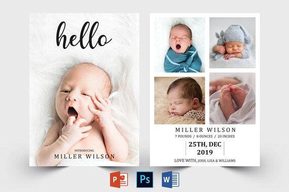 Birth Announcement Template Birth Baby Boy Girl Annoucement Newborn Templates for Photoshop Custom Printable Card Collage Instant Download
