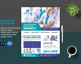 Flyersjabloon gezondheidszorgkliniek: advertentie medische dienst (Photoshop, Canva)