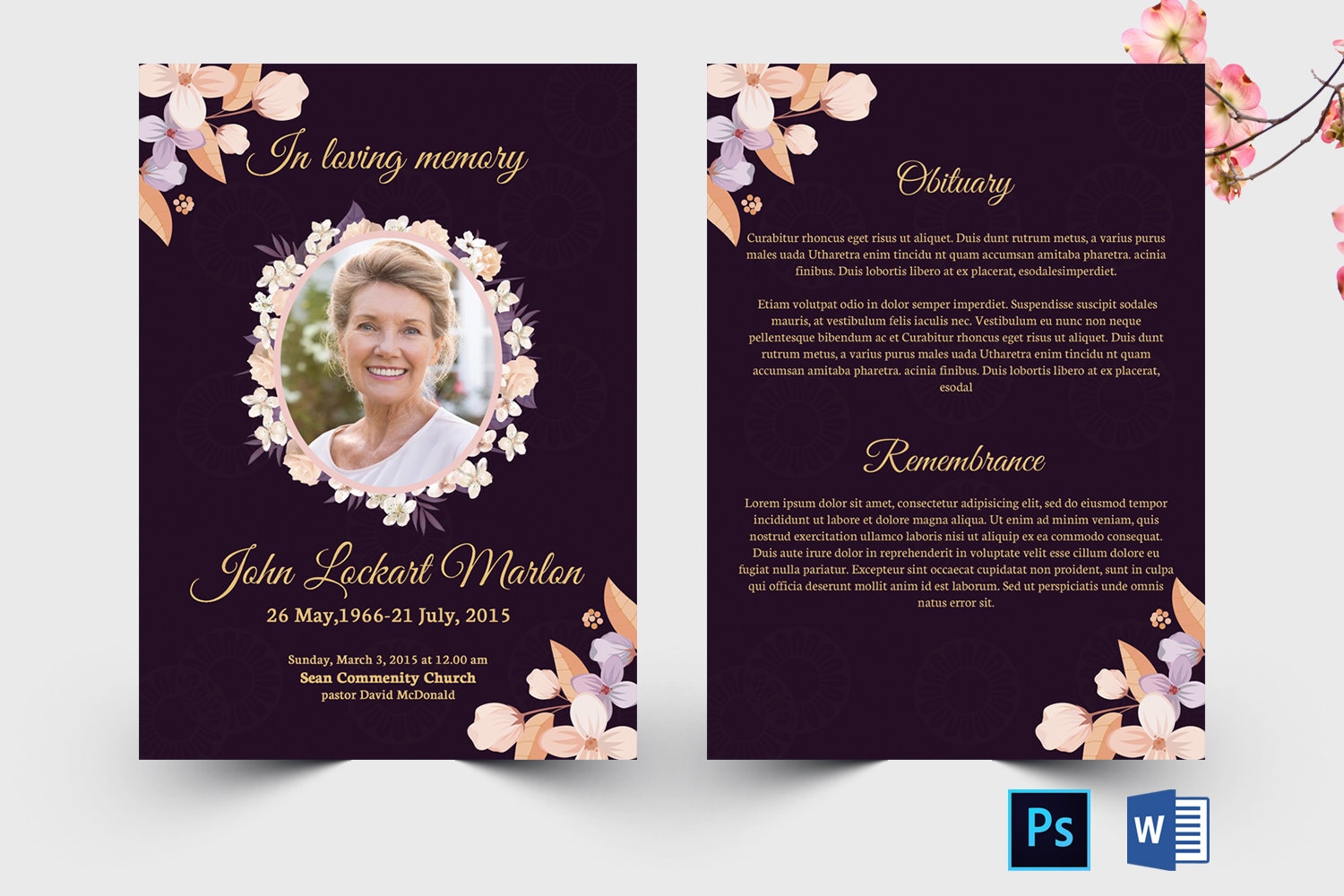 Floral Funeral Memorial Card Template Funeral Program  Etsy With Regard To Memorial Card Template Word