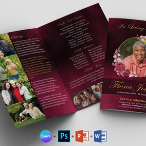 Modèle de programme funéraire floral rose de Bourgogne | Word de modèle de programme funéraire | Programme funéraire à deux volets | Programme commémoratif Obituary Canva