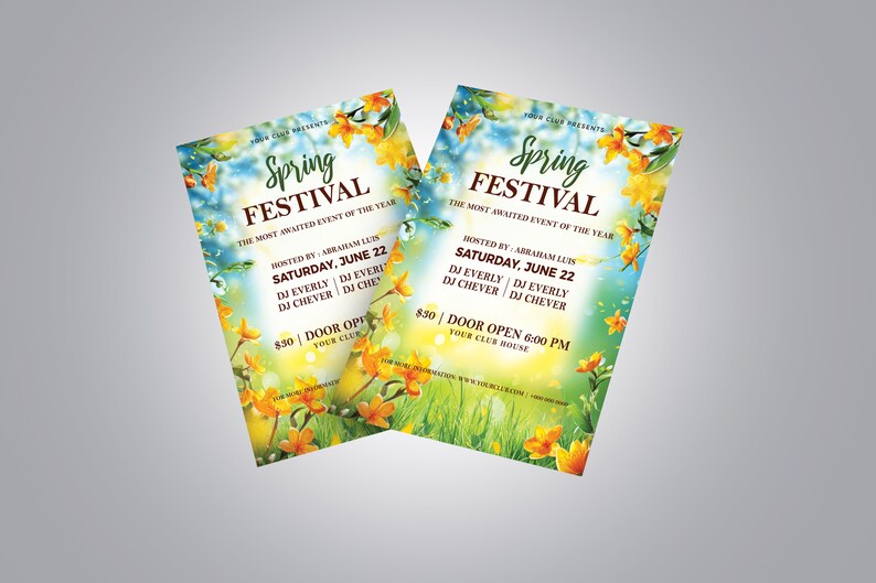 May include: A flyer for a Spring Festival hosted by Abraham Club on Saturday, June 22. The flyer features a colorful background with yellow flowers and a blue sky. The text on the flyer reads "Spring Festival" and includes details about the event, including the date, time, and location.