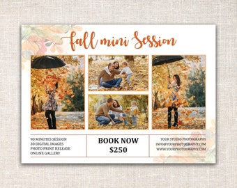 Könnte beinhalten: Werbeflyer für eine Mini-Fotosession im Herbst. Der Flyer zeigt eine Collage von Familienfotos in einem Park mit Herbstlaub. Der Text enthält "fall mini session", Details zur Session und Kontaktinformationen.