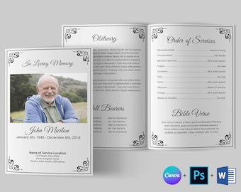 Funeral Program Bifold Template: Memorial Obituary (Canva, Word, Photoshop)