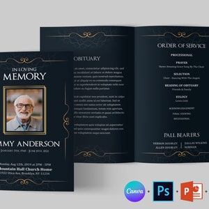 Szablon programu pogrzebowego Blue Gold | Szablon programu pogrzebowego Word | Program pogrzebowy | Program pamiątkowy | Program nekrologu | Szablon Canva