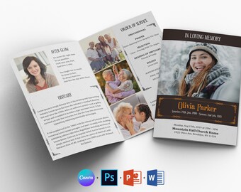 Modello bifold per programma funebre: necrologio commemorativo (Canva, Word, PSD)