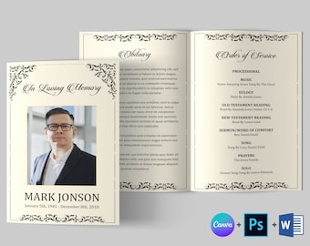 Modello bifold per programma funebre: necrologio commemorativo (Canva, Word, PSD)