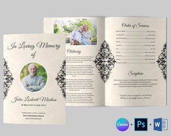Funeral Program Bifold Template: Memorial Obituary (Canva, Word, Photoshop)