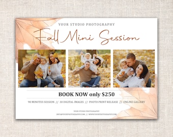Könnte beinhalten: Angebot für eine Herbst-Mini-Session mit drei Fotos von Familien in einem Park. Das Angebot beinhaltet eine 90-minütige Sitzung, 30 digitale Bilder, eine Druckfreigabe und eine Online-Galerie für 250 €.