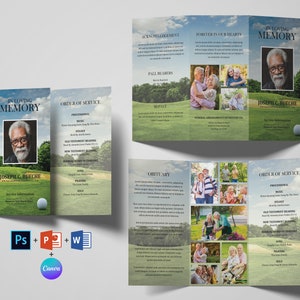 Golfer Golfing in Heaven Trifold Funeral Program Template | Funeral Program Template Word and PowerPoint | Obituary Program | Canva Template