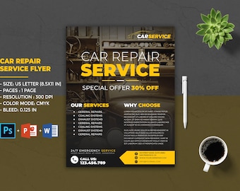 May include: A yellow and black flyer advertising car repair services. The flyer features a vintage car in a garage and the text "CAR REPAIR SERVICE" with a special offer of 30% off. The flyer lists services such as general repairs, cooling systems, and exhaust systems.