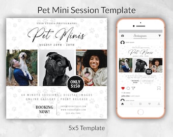 May include: A white and gray square flyer with a paw print pattern. The text "Pet Minis" is in a script font. The flyer advertises a pet photography session for August 24th-28th. The flyer includes three photos of pets and their owners. The flyer also includes the text "Only $150", "60 Minute Sessions", "Digital Images", "Online Gallery", "Print Release", "Booking Now!" and contact information. The flyer is designed to look like an Instagram post.