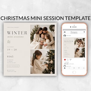Könnte beinhalten: Eine beige Vorlage für eine Weihnachts-Mini-Session mit dem Text "WINTER mini sessions" und "DECEMBER 19-20" sowie zwei Fotos einer Familie und eines Kindes an einem Weihnachtsbaum. Ein Smartphone zeigt dieselbe Vorlage in einem Instagram-Feed.