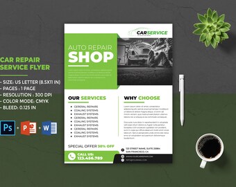 Folleto de servicio de reparación de automóviles: Plantilla publicitaria para taller mecánico (PSD y Word)