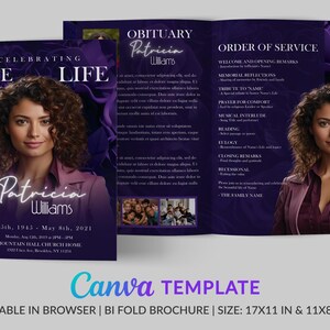 Purple Rose Funeral Program Template | Funeral Program | Memorial program | Obituary Program | Canva Template | 17x11 & 11x8.5 in | CFT-18