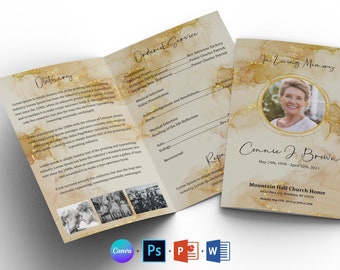 Golden Funeral Program Template: Bifold Obituary (Canva, Word, PSD)