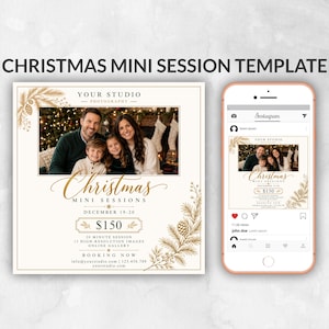 Könnte beinhalten: Eine quadratische Vorlage für Weihnachts-Fotoshootings mit einem goldenen Tannenzapfen- und Zweigrand, einem zentralen Fotoplatzhalter mit einer Familie und dem Text Christmas Mini Sessions, December 19-20, $150 und Booking Now.