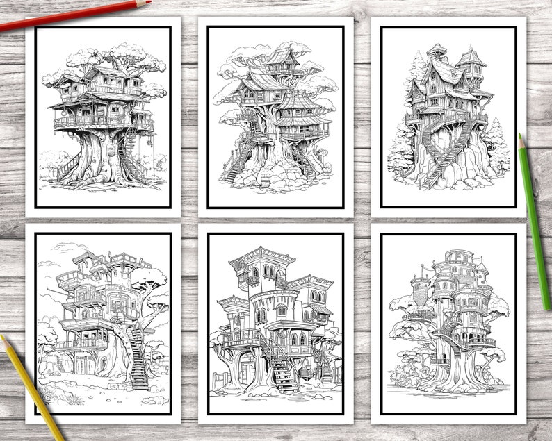 50 Tree House Coloring Book for Kids and Adults Cute Tree House