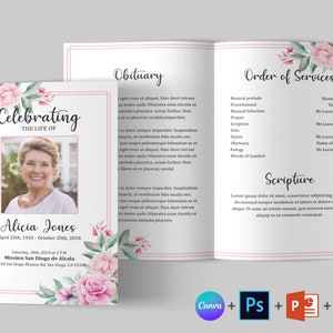 Modèle de programme funéraire floral rose | Word de modèle de programme funéraire | Programme funéraire à deux volets | Modèle de canevas nécrologique du programme commémoratif