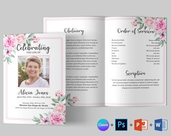 Szablon programu pogrzebowego Rose Floral: Nekrolog, Pamiątka (Canva, Word, Photoshop)