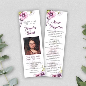 Floral Funeral bookmark | Memorial Bookmark | Funeral Keepsake | Funeral Favors | Memorial Card for Remembrance | Printable Bookmark