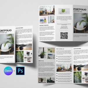 May include: A tri-fold brochure with a white background and black text. The brochure is titled "Portfolio Brochure 2020". The brochure features images of plants, chairs, and a coffee shop interior. The brochure also includes information about the company's services, features, and contact information.