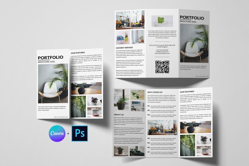 May include: A tri-fold brochure with a white background and black text. The brochure is titled "Portfolio Brochure 2020". The brochure features images of plants, chairs, and a coffee shop interior. The brochure also includes information about the company's services, features, and contact information.