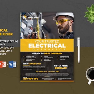 Ulotka o usługach elektrycznych | Ulotka dla wykonawcy usług elektrycznych | Szablon ulotki o kontraktach i usługach elektrycznych | Szablon Photoshop i MS Word