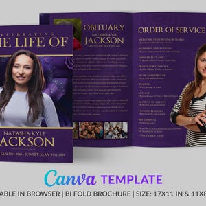 Purple Rose Funeral Program Template | Funeral Program | Memorial program | Obituary Program | Canva Template | 17x11 & 11x8.5 in | CFT-16