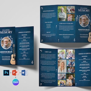 Guitar Music Lover Trifold Funeral Program Vorlage | Bestattungsprogramm Vorlage Word und Powerpoint | Nachruf Programm | Canva Template