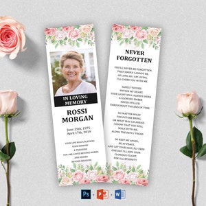 Modello di segnalibro funebre rosa / segnalibro commemorativo, ricordo funebre, bomboniere, carta commemorativa per la memoria, segnalibro stampabile