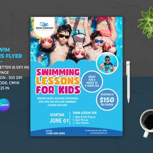 Kids Swim Lessons Flyer: Summer Swimming Classes Template (Canva & Photoshop)