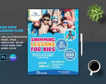 May include: A blue and yellow flyer advertising swimming lessons for kids. The flyer features a photo of children in a swimming pool and the text "Swimming Lessons for Kids". The flyer also includes information about the program, including the starting date, the cost, and the age range of the children who can participate.