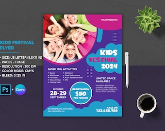 Kids Camp Festival Flyer: Summer Event Template (Photoshop, Canva)