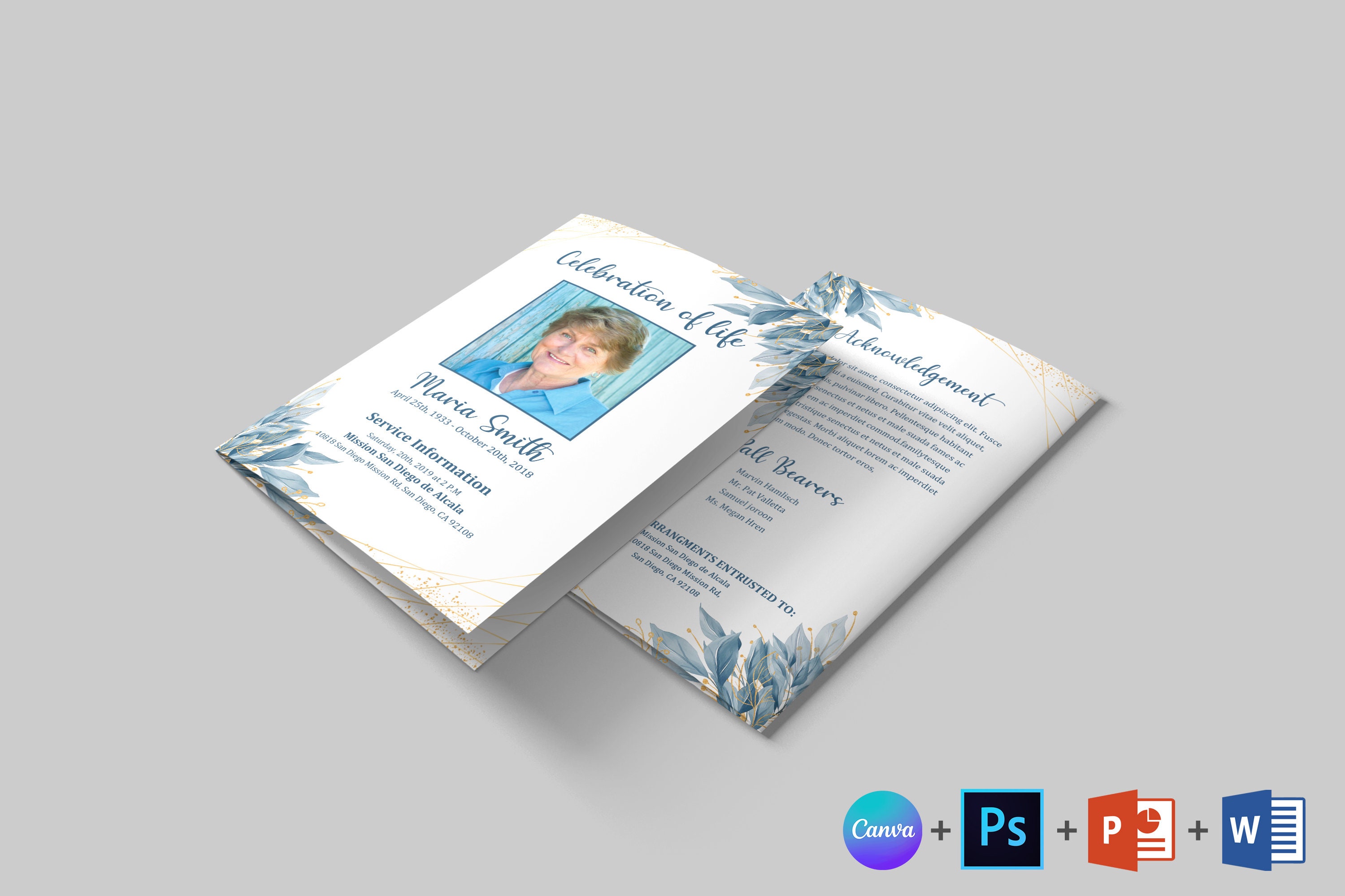 Floral Leaf Funeral Program Template: Bifold Obituary (canva, Word, PSD ...
