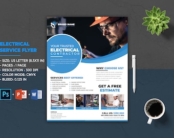 Op de afbeelding: Een blauwe en witte flyer voor een elektrotechnisch bedrijf. De flyer toont een foto van een elektricien met een helm en veiligheidsbril. De tekst op de flyer luidt "Uw vertrouwde elektricien" en somt de aangeboden diensten op, waaronder elektrische panelen, rookmelders en verlichting. De flyer bevat ook een call-to-action om een ​​gratis offerte te krijgen.