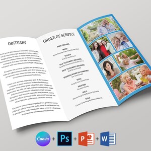 May include: A blue and white funeral program with a photo collage of a family. The program includes an obituary, order of service, music, readings, and prayers. The text includes the names "James Edwards" and "Lucy Russell Field".
