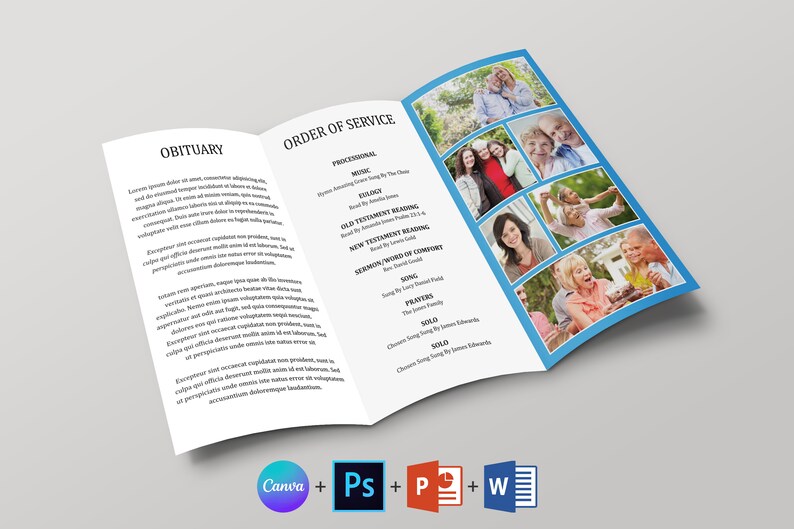 May include: A blue and white funeral program with a photo collage of a family. The program includes an obituary, order of service, music, readings, and prayers. The text includes the names "James Edwards" and "Lucy Russell Field".