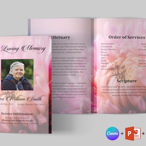 Szablon programu pogrzebowego z kwiatami | Szablon programu pogrzebowego Word i PowerPoint | Program pamiątkowy | Program nekrologu | Szablon Canva