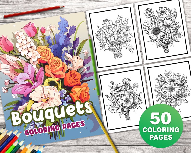 50 Flower Bouquets Coloring Book for Kids and Adults Floral Coloring ...