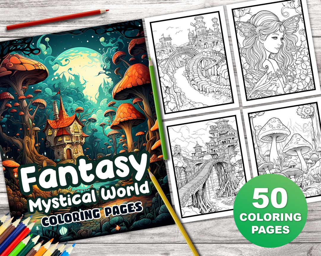 50 Fantasy Mystical World Coloring Book for Kids and Adults Cute ...